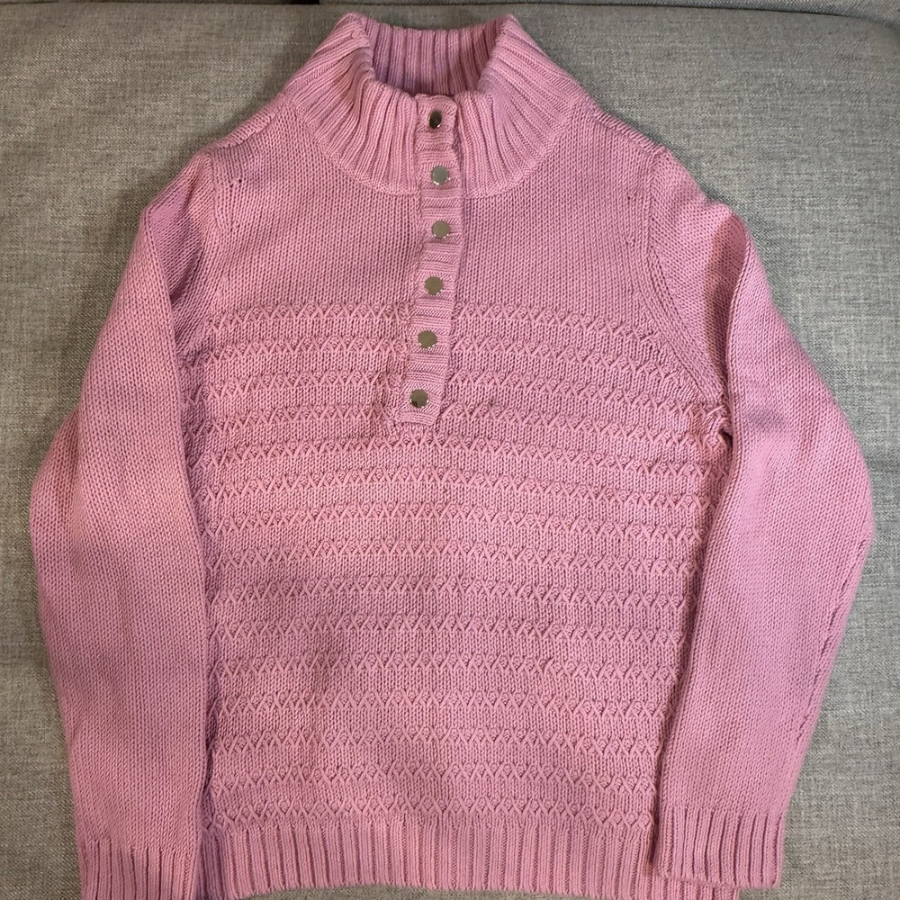 Talbots Pink Knit Sweater Women Small Mock Neck Button Pullover Sz L